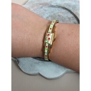 Vintage Hoga Gold Tone Peek a boo Bangle Watch Beige Floral Enamel